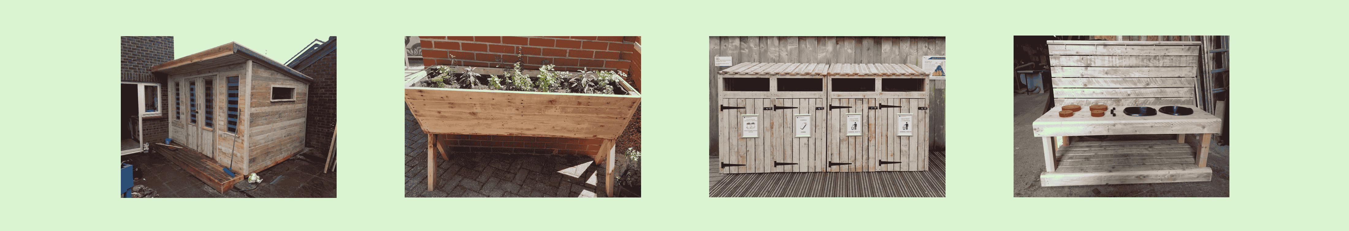 4 images of wooden products: a pent roof summerhouse, a long rectangular planter with stands, a large bin cover, a mud kitchen